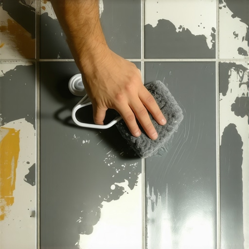 Osoba farba podne pločice u kupatilu sivim prajmerom koristeći valjak