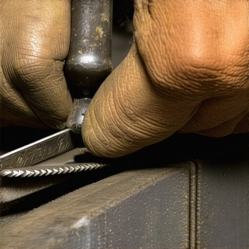 Majstor oštri nož kosačice turpijom u garaži