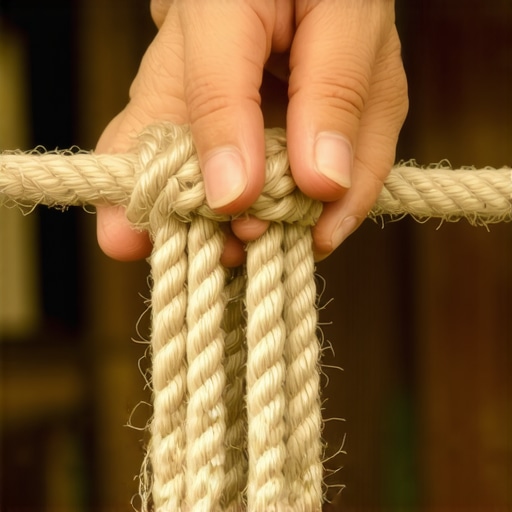 Krupni plan ruku koje vezuju čvor na debelom kanapu za DIY organizator igračaka