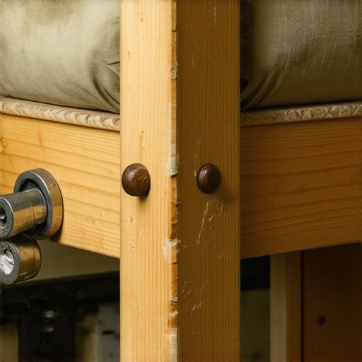 Close-up of wood joinery with dowels and glue