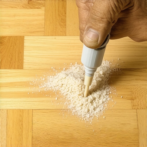 Detaljan prikaz ubrizgavanja lepka u rupu na parketu radi uklanjanja škripe