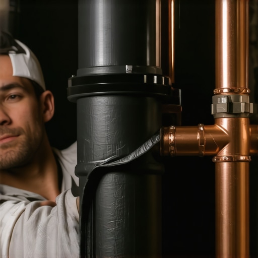 Majstor postavlja crnu penastu izolaciju na bakarne cevi u podrumu i koristi aluminijumsku traku