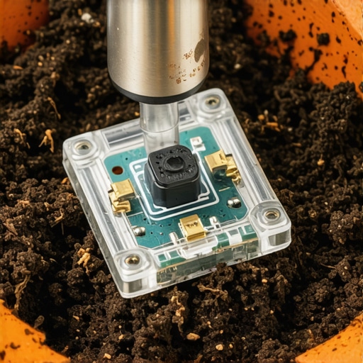 Close-up prikaz kapacitivnog senzora vlage u saksiji sa zaštitnim slojem na elektronici