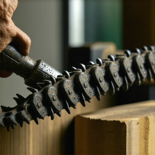 Makro prikaz oštrenja lanca testere okruglom turpijom pod uglom