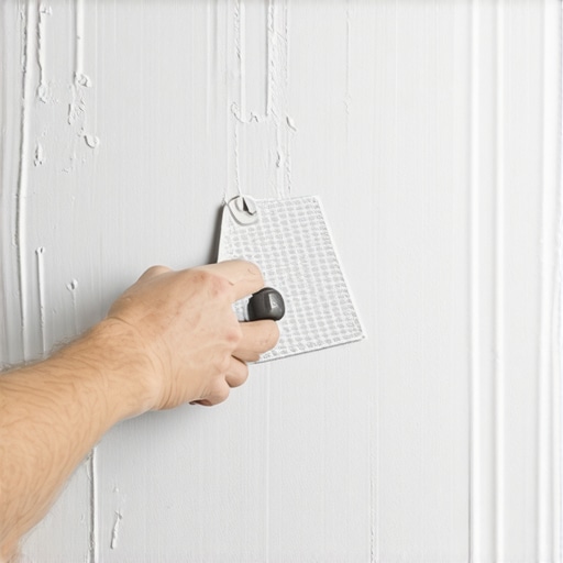 Krupni plan nanošenja mrežice za gips karton na rupu u zidu metalnom špahtlom u radionici.