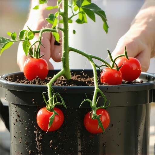 Pravilno sađenje čeri paradajza u kantu Detaljan prikaz dubokog sađenja čeri paradajza u recikliranu kantu na balkonu