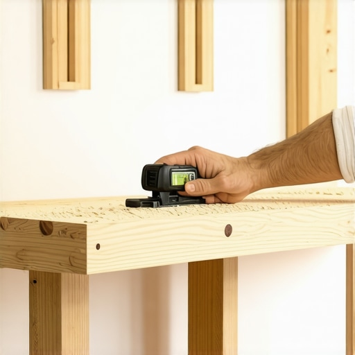 Precizno montiranje lebdeće police Majstor proverava nivo drvene lebdeće police