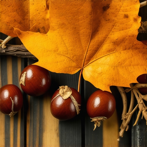 Jesenja dekoracija stola napravljena od prirodnih materijala kestenja i lišća