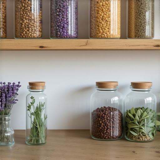 Staklene tegle i prirodni repelenti na drvenoj polici