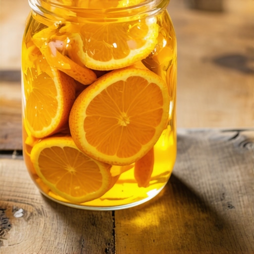 Domaći odmašćivač od kora pomorandže i sirćeta u staklenoj tegli na drvenom stolu.