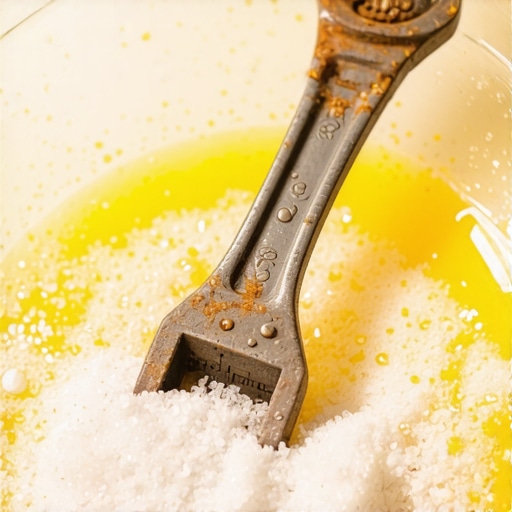 Zarđali ključ u kupki od limuna i soli na drvenom radnom stolu