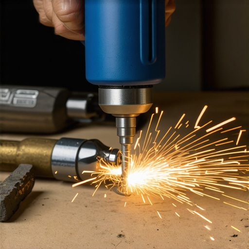 Čovek oštri metalnu burgiju pomoću prenosnog oštrača u radionici