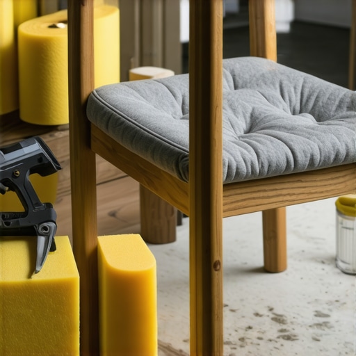 Tapaciranje stare stolice sa sunđerom visoke gustine i sivim štofom na drvenom stolu