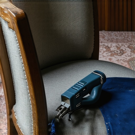 Detaljan prikaz natezanja materijala na staru drvenu fotelju pomoću klamerice