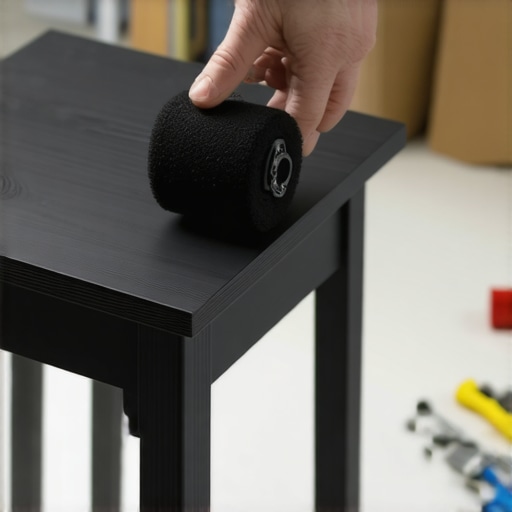 Osoba farba drveni stočić crnom mat bojom koristeći valjak u radionici