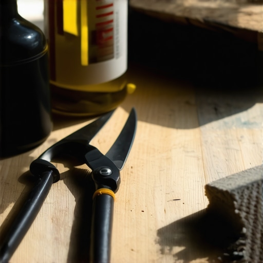 Detaljan prikaz rastavljenih baštenskih makaza na radnom stolu u radionici