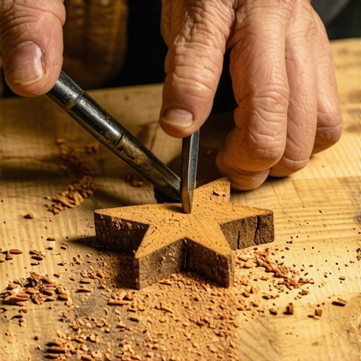 Stolar dletom oblikuje novogodišnji ukras od hrastovine na radnom stolu