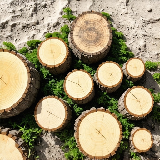 Detaljan prikaz baštenske staze od prirodnih drvenih krugova sa mahovinom