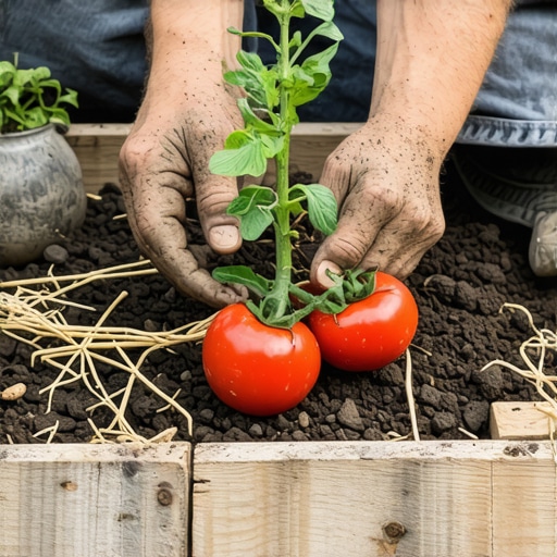 Sadnja povrća u dvorištu 2026 Ruke baštovana sade paradajz u bogatu zemlju sa slamom