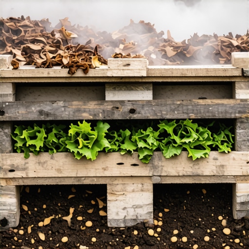 Drveni kompostnik od paleta sa slojevima braon i zelenog otpada u bašti