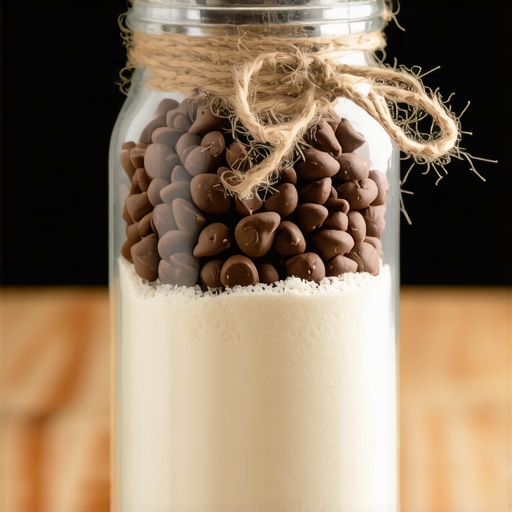 Slojevi brašna, šećera i čokolade u staklenoj tegli na drvenom stolu