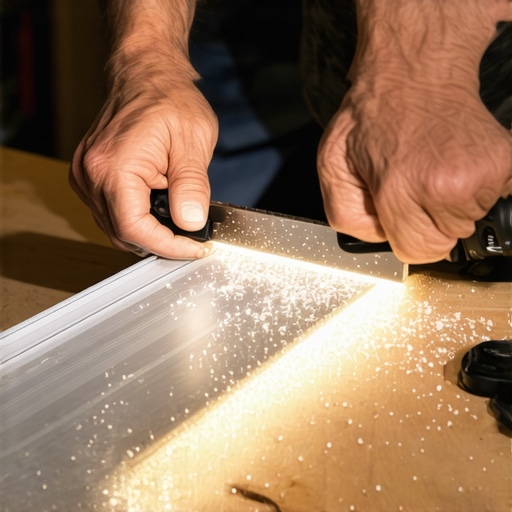 Detaljan prikaz sečenja metalnog profila za LED traku sa preciznom testerom