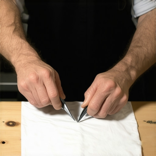 Sečenje pamučne majice za krpe za poliranje Detaljan prikaz sečenja stare pamučne majice za pravljenje krpa za poliranje automobila na radnom stolu