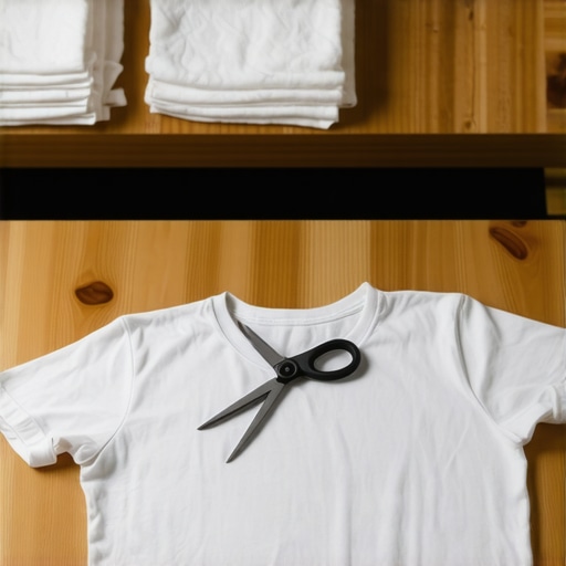 Oštre makaze seku staru pamučnu majicu na drvenom stolu za DIY krpe