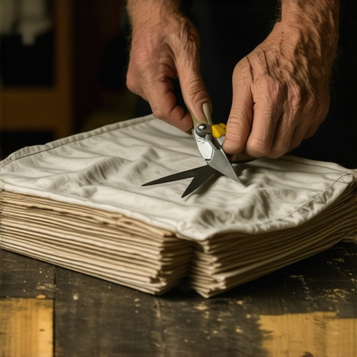 Ruke majstora seku stare pamučne majice u krpe za poliranje na drvenom stolu