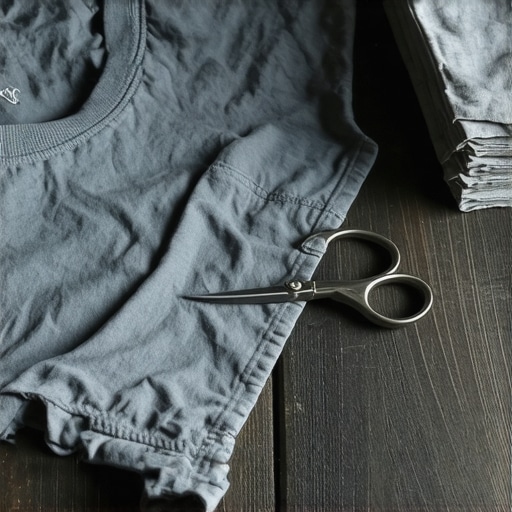 Oštre makaze seku sivu pamučnu majicu na drvenom radnom stolu za pravljenje krpa