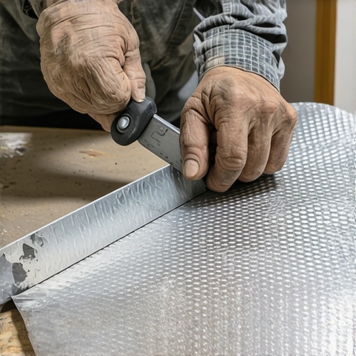 Ruke majstora seku srebrnu izolacionu foliju skalpelom na podu