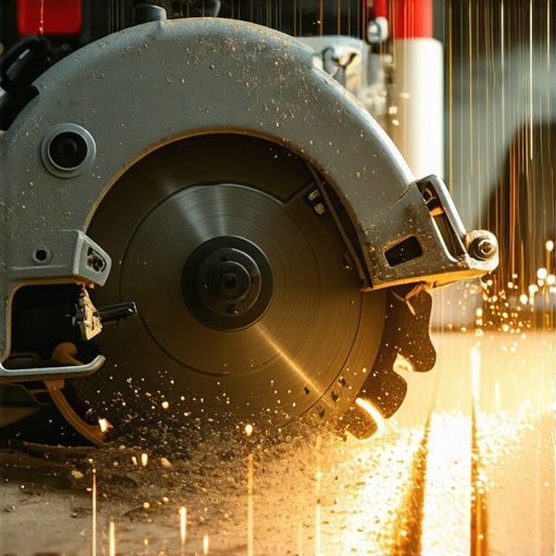 Detaljan prikaz lista kružne testere dok seče drvenu dasku sa fokusom na bezbednost