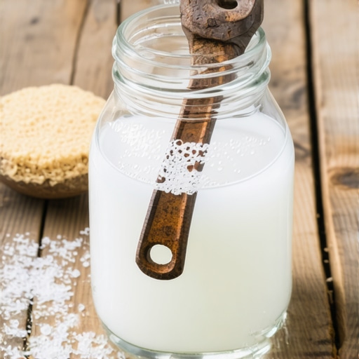 Skidanje rđe sirćetom u radionici Stari rđavi ključ u tegli sa sirćetom na drvenom stolu