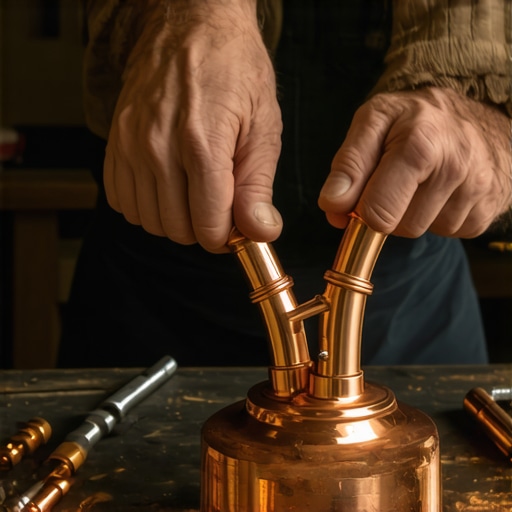 Detaljan prikaz ruku majstora koji spaja bakarne cevi za stonu lampu na radnom stolu