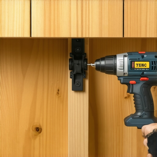 Detalj sklopivog radnog stola sa šarkom u radionici