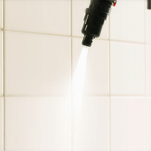 A handheld steam cleaner being used on bathroom tile grout with baking soda paste.