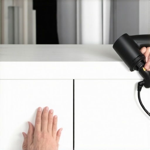 Lepljenje samolepljive folije na komodu pomoću fena i rakela za savršen finiš bez vazduha