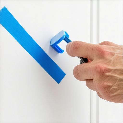 Tehnika lepljenja krep trake za oštre linije Ruka pritiska plavu krep traku na beli zid radi dekoracije