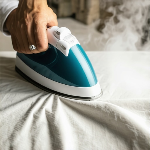 Osoba koristi peglu za spajanje ivica tkanine pomoću termolepljive trake za DIY jastuk.