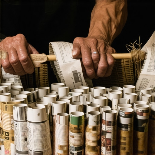 Detaljan prikaz izrade korpe od starih novina sa akcentom na teksturu papira i rad majstora