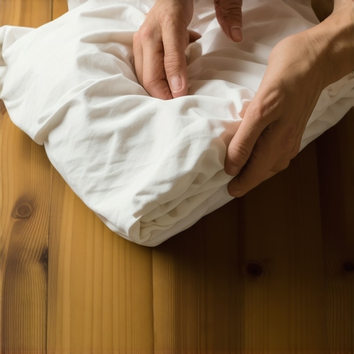Ruke koje slažu belu posteljinu na drvenom stolu koristeći metodu džepa za uštedu prostora.