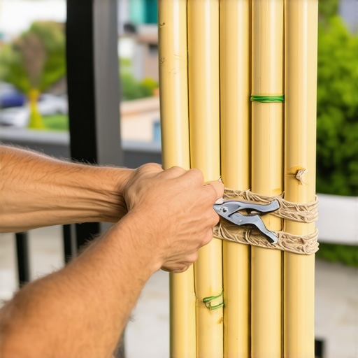 Detaljan prikaz vezivanja bambusovih štapova čeličnom žicom za paravan