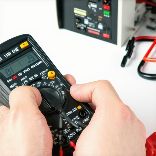 Ruke majstora proveravaju napon na žicama za pametni termostat pomoću multimetra