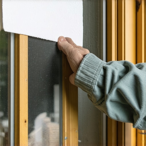 Detaljan prikaz lepljenja sunđeraste trake na ivicu drvenog prozora radi uštede energije