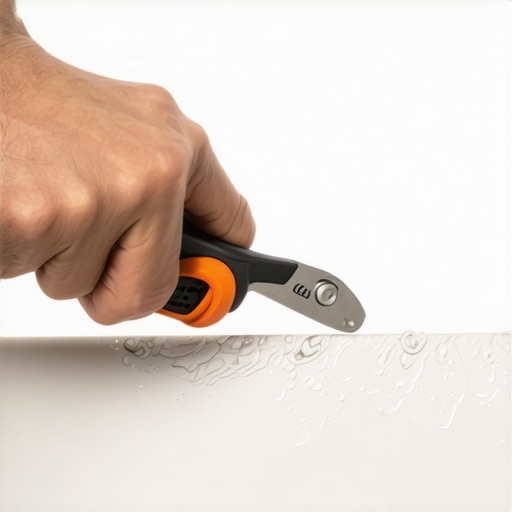 Postupak uklanjanja starog crnog silikona sa ivice kade u kupatilu pomoću metalnog skalpela.