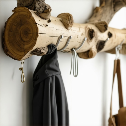 Unikatan drveni čiviluk od grana Ručno rađen čiviluk od prirodnih grana drveta na belom zidu