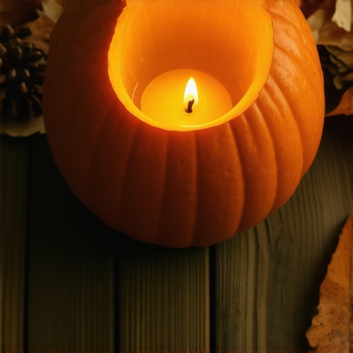 Ručno izrađen svećnjak od bundeve sa svećom na drvenom stolu