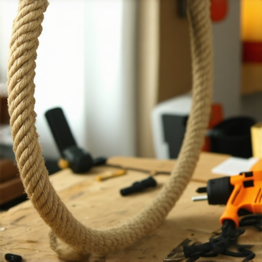 Rukom rađeno ogledalo sa ramom od debelog jute kanapa na radnom stolu