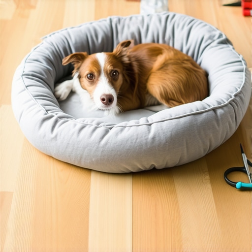 Ručno pravljen krevet za psa od stare majice i jastuka na drvenom podu