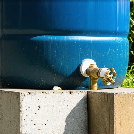 Detalj instalirane metalne slavine na plastičnom buretu za kišnicu